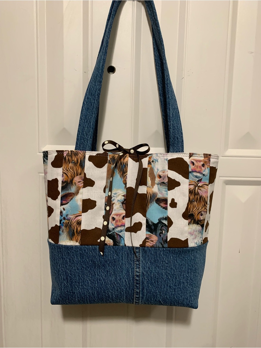 Hand Crafted Denim and Highland Cow Print Tote